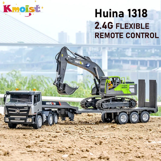 Huina 1318 Rc Truck Remote Control Alloy 1/18 9Ch 2.4G Transport Truck Model Electric Toy with Flatbed Trailer for Kids Boy Gift