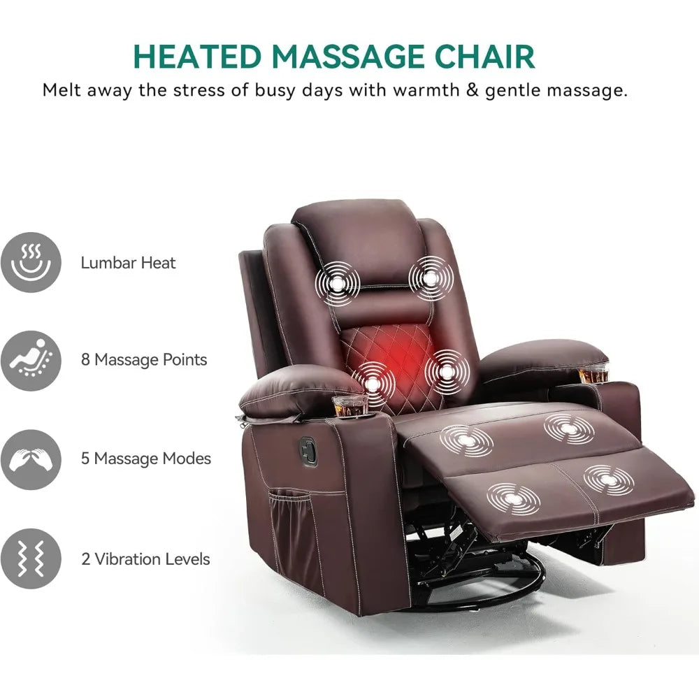 Swivel Rocker Recliner Chair with Massage & Heat, 360° Rotation Rocking Recliner, Faux Leather Manual Recliner with Cup