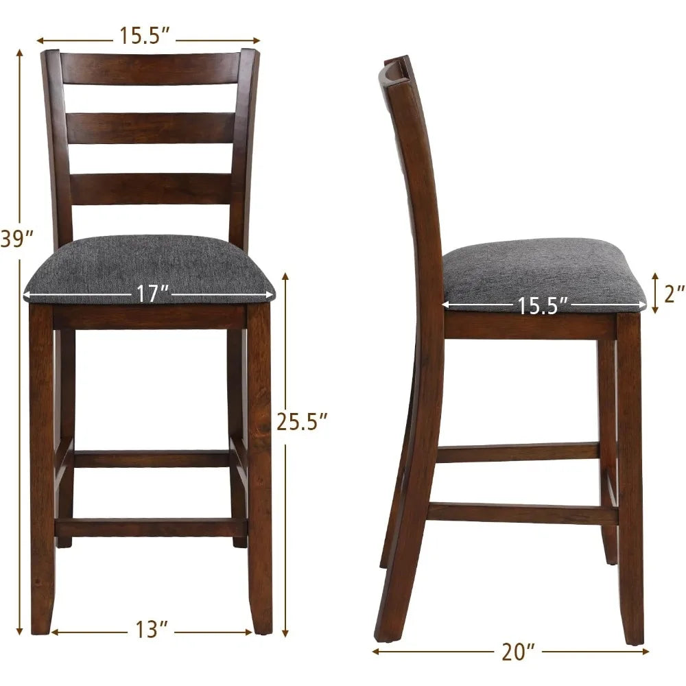 Counter Height Bar Stools Set of 2 Bar Stools Counter Stools with Back, Rubberwood Legs & Grey Fabric Cushion