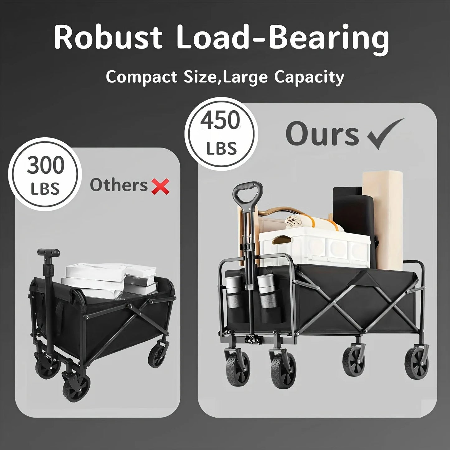 450 lbs Folding Trolley, Heavy Duty Utility Portable Foldable Outdoor Beach Field Trolley with 360° All Terrain Wheels, Side Bag