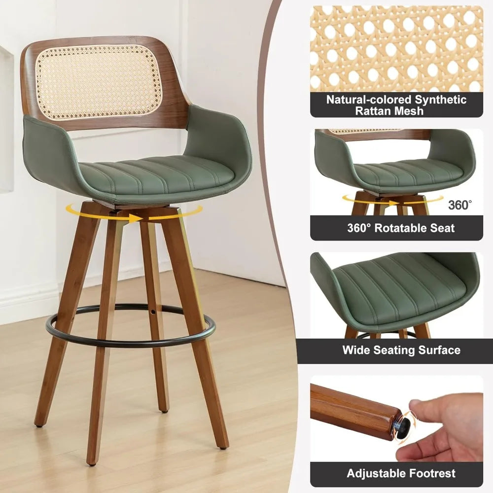 Counter Stools Rattan Swivel Counter Height Bar Stools with Cane Back, Upholstered Seat, Faux Leather Upholstered Furniture