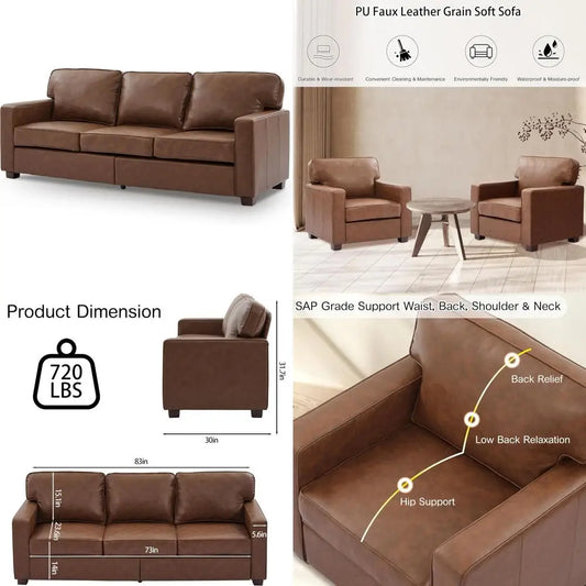 Mid-Century Modern 3-Seat Brown PU Faux Leather Sofa with Solid Wood Legs for Living Room, Bedroom, or Office