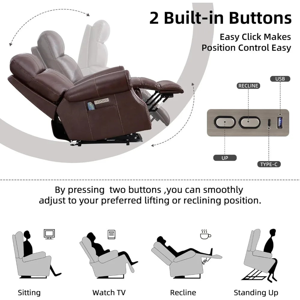 Genuine Leather Power Lift Recliner Chair for Elderly, with Massage and Heat, Electric Lift Recliner for Seniors, Side Po