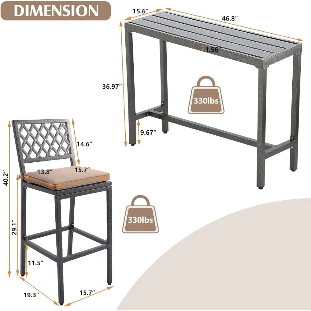 Outdoor Bar Chairs and Table, Metal Outdoor Bar Set, 3 Piece Patio Bar Table Set with Stools & Cushions for Backyard, Porch,