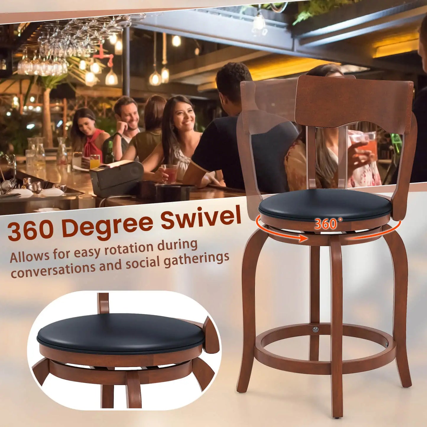 24" Swivel Bar Stools Set of 2 with Rubber Wood Frame Upholstered Seat Footrest