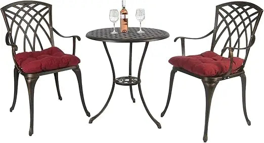 3 Piece Patio Bistro Set Cast Aluminum Bistro Table Set Outdoor Round Dining Table with Umbrella Hole for Porch, Lawn, Garden,