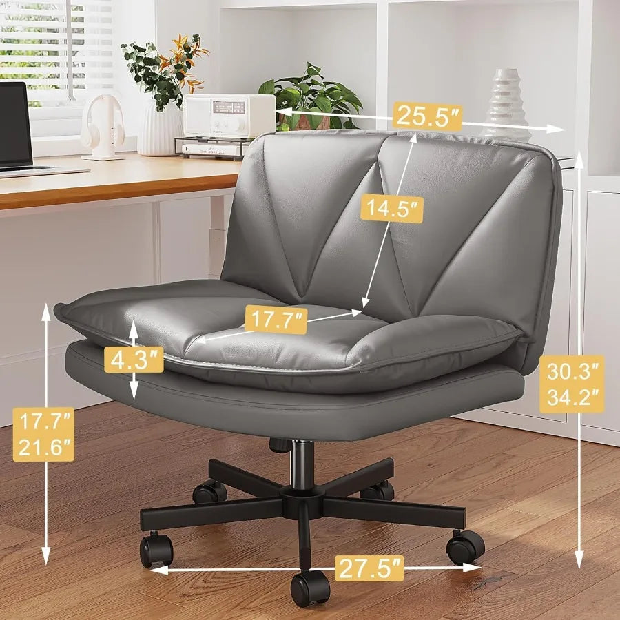 Armless 25.5 Wide Criss Cross Chair with Wheels Leather Cross Legged Office Chair with 2Layer Cushion Swivel Modern Home Office