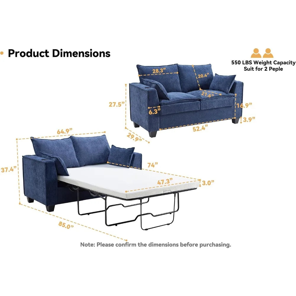 Pull Out Sofa Bed, Sleeper Sofa Couch,Convertible Chenille Loveseat with USB Charging Port and Memory Foam Mattress