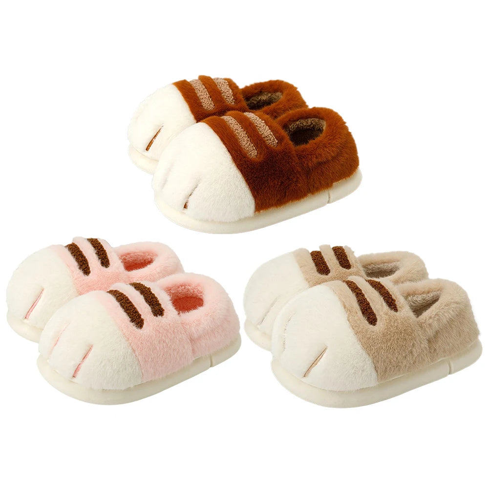 3D Cat Paw Plush Slippers Warm Slip-on House Shoes Comfortable Flat Thermal Slippers Furry Paw Couple Slippers for Autumn Winter