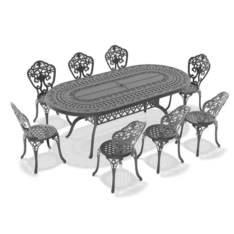 9-Piece Outdoor Dining Set, All-Weather Cast Aluminum Furniture, Black Frame