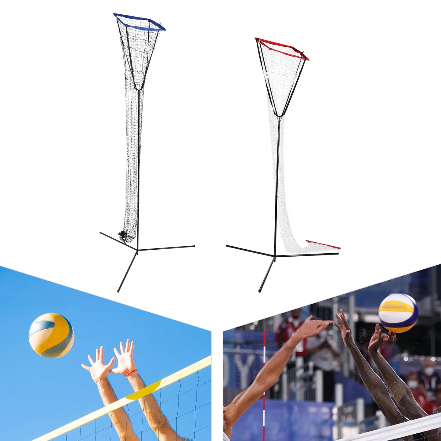 Volleyball Training Iron Net Frame,Black+Blue/Red Free Standing Volleyball Practice Net Adjustable Height and Angle for Patios