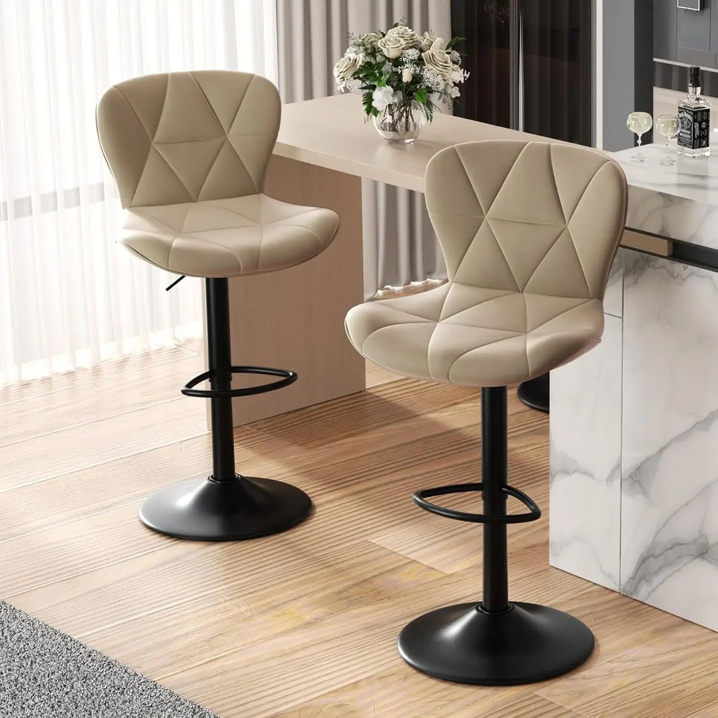 Modern Adjustable Bar Stools Set of 2 Faux Leather Swivel Chairs Counter Height with Upholstered Back for Kitchen Island