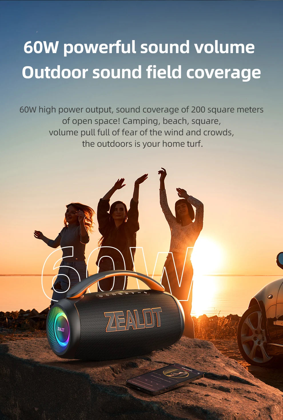 Zealot P12 Speaker 60W Portable Bluetooth Speaker with IPX6 Waterproof, Comfortable handle,Controllable lighting,TWS,AUX