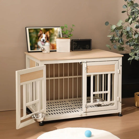 48 Inch Heavy Duty Dog Crate Furniture with Removable Tray & 2 Feeders, Decorative Pet House End Table, Extra Large Wooden
