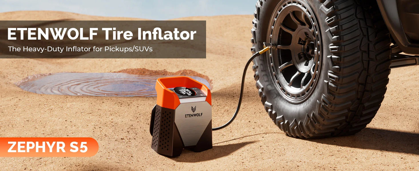 ETENWOLF ZEPHYR S5 Portable Tire Inflator Heavy-Duty Car compressor 160PSI &15600mAh for Pickups Car Tires Motorcycles Bicycles