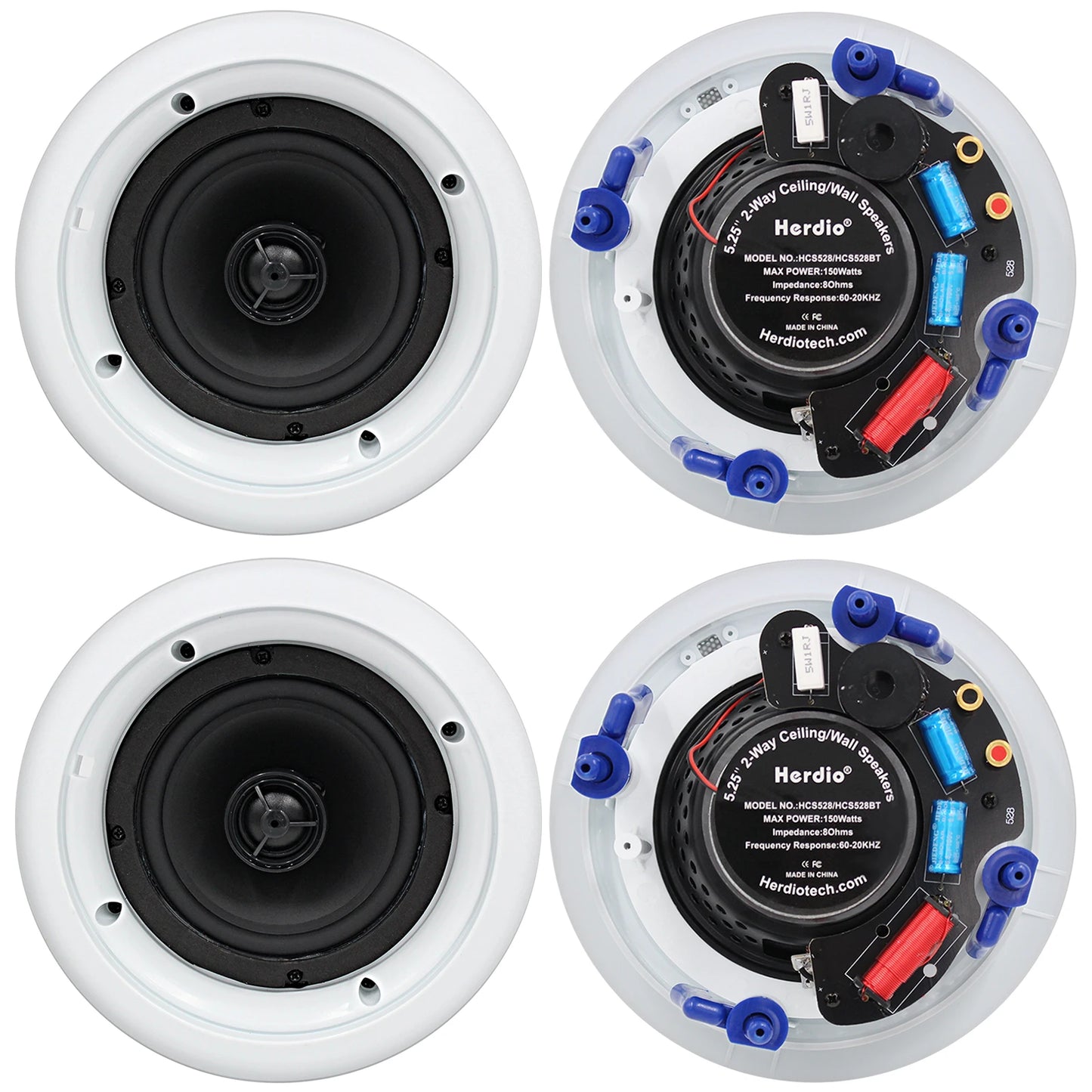 Herdio 5.25” 4PCS Flush Mount Bluetooth Ceiling Speaker System Max Power 600W Great For Humid Indoor Outdoor Kitchen Bedroom