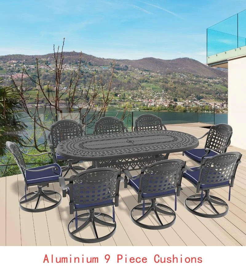 9-Piece Outdoor Dining Set, All-Weather Cast Aluminum Furniture, Black Frame