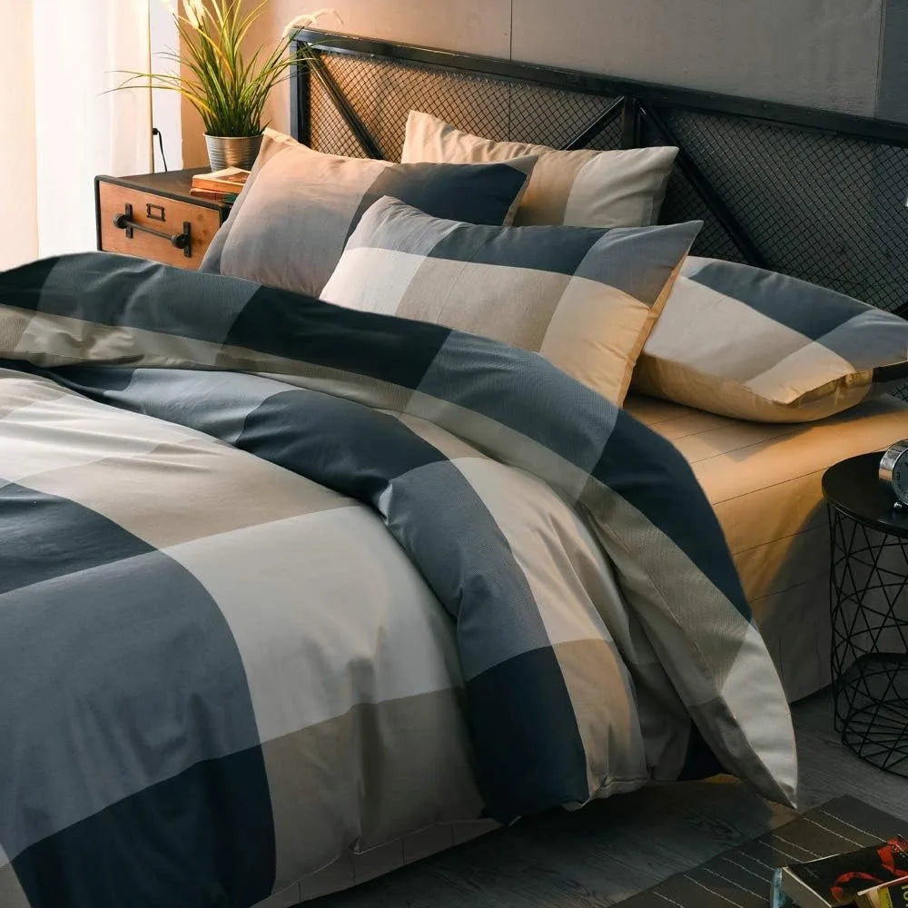 King Comforter Set Men Boys Geometric Checkered Plaid Printed Bedding Comforter for All Season Soft Lightweight Bedding