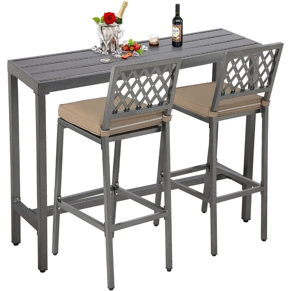 Outdoor Bar Chairs and Table, Metal Outdoor Bar Set, 3 Piece Patio Bar Table Set with Stools & Cushions for Backyard, Porch,