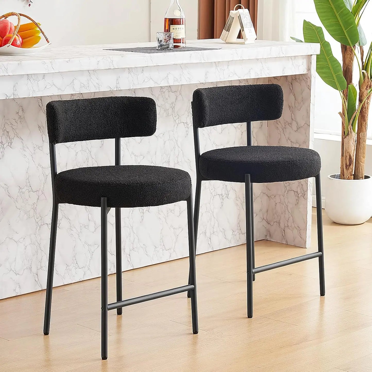 24'' Bar Stools Set of 2, Modern Boucle Counter Height Bar Stools with Curved Back and Black Metal Frame,