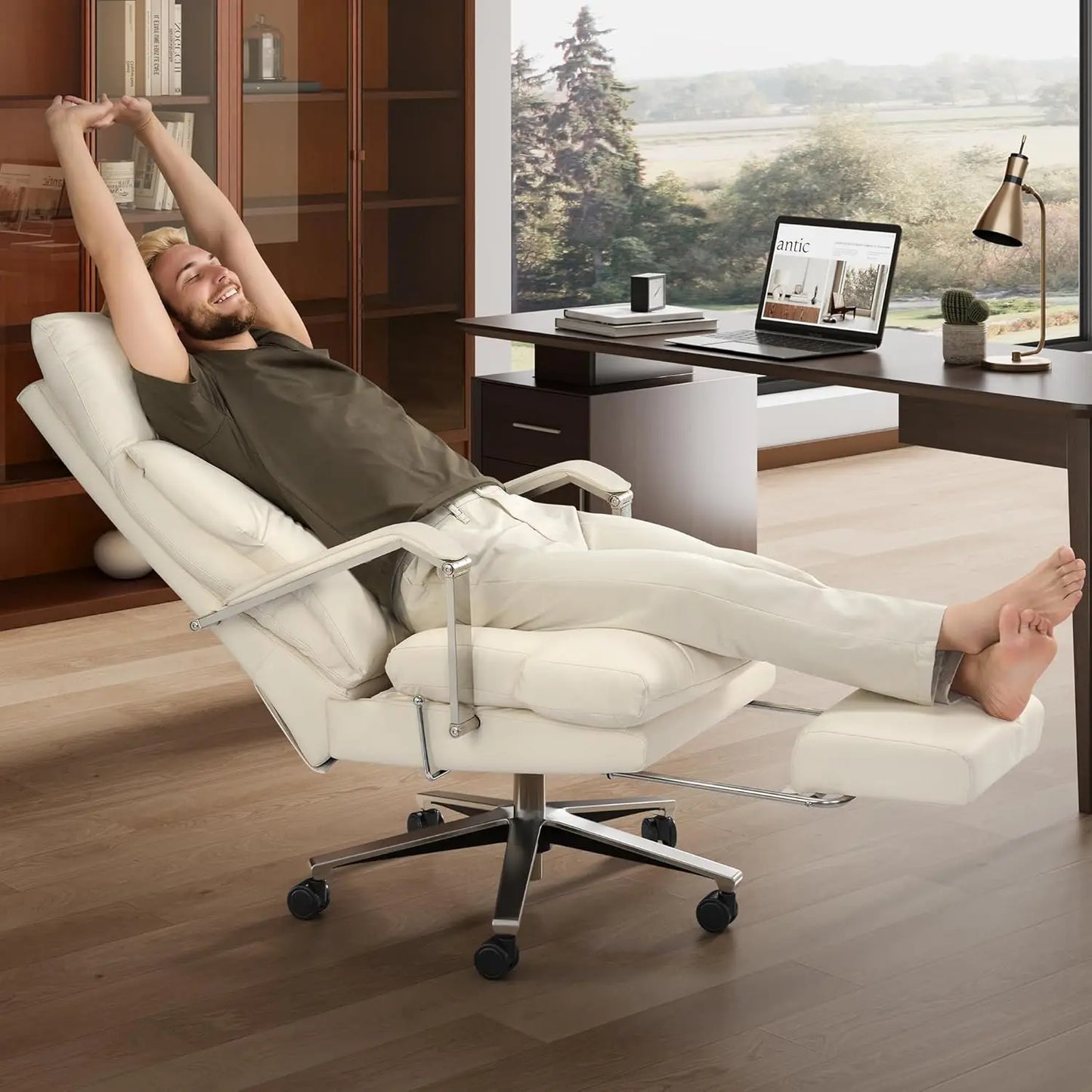 Reclining Office Chair with Footrest - 25.6" Wide Seat & Adjustable Seat Depth, Big and Tall High Back Leather Executive Home