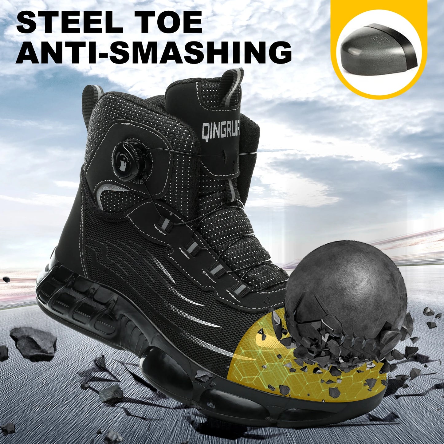 Men's high top lace-free comfortable soft sole anti-smash and puncture resistant work shoes