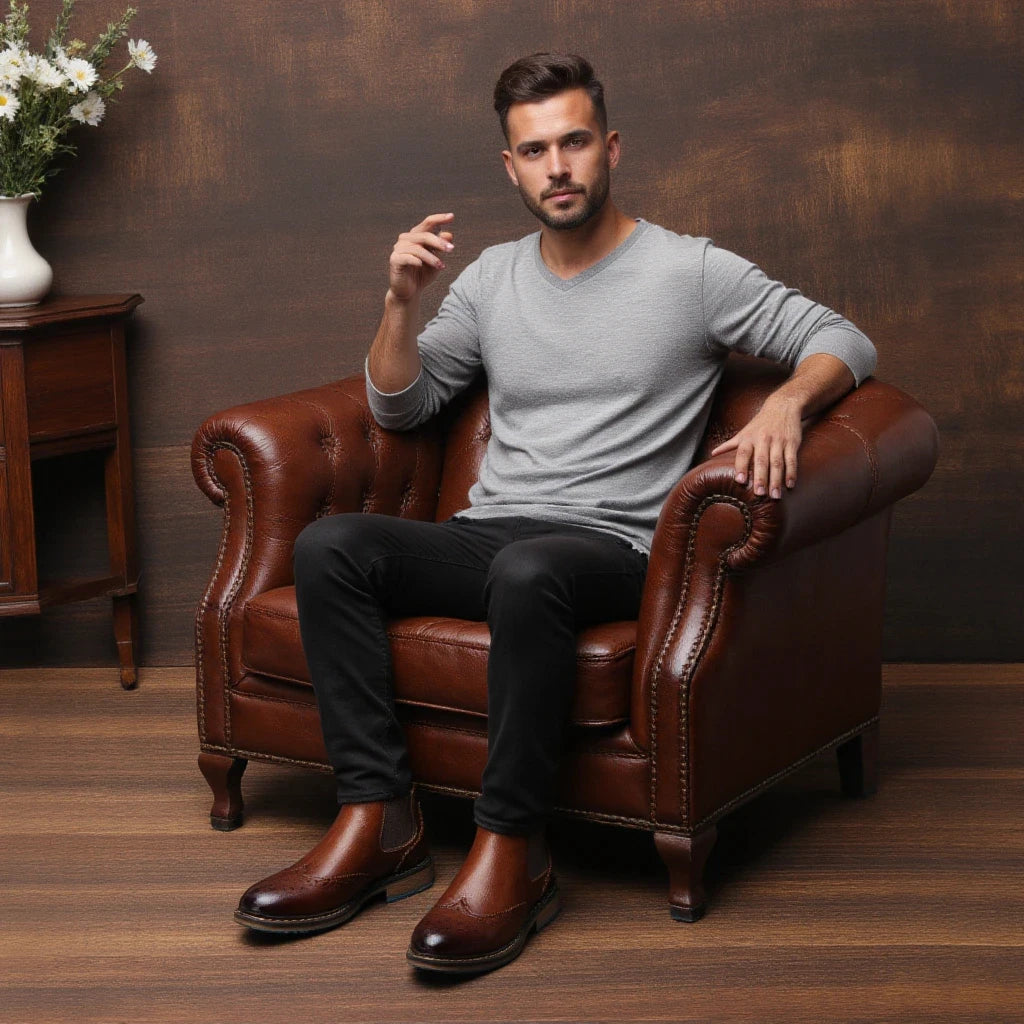 Classical Brogue Chelsea Men Boots Comfortable Fashion Leather Boots