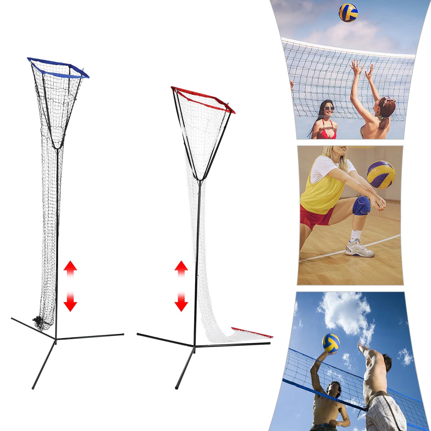 Volleyball Training Iron Net Frame,Black+Blue/Red Free Standing Volleyball Practice Net Adjustable Height and Angle for Patios