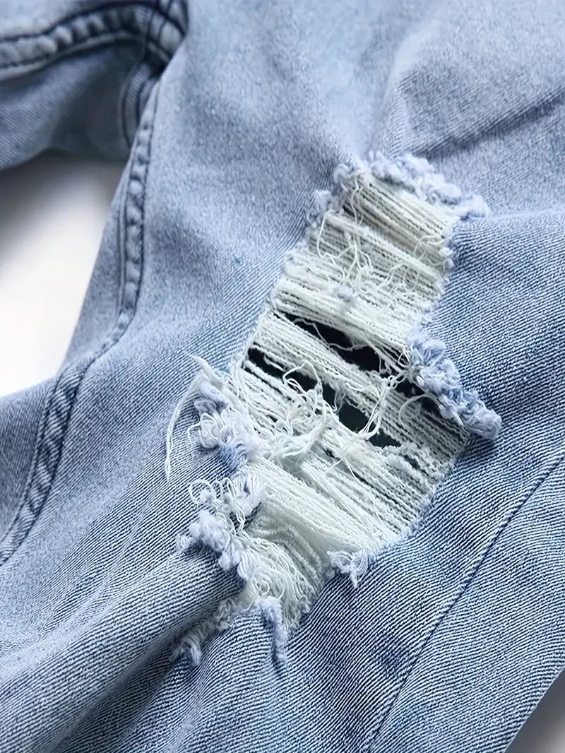 Men's Slim Fit Ripped Jeans, Casual Street Style with Medium Stretch Denim, Light Blue Distressed Design, Versatile for All Seas