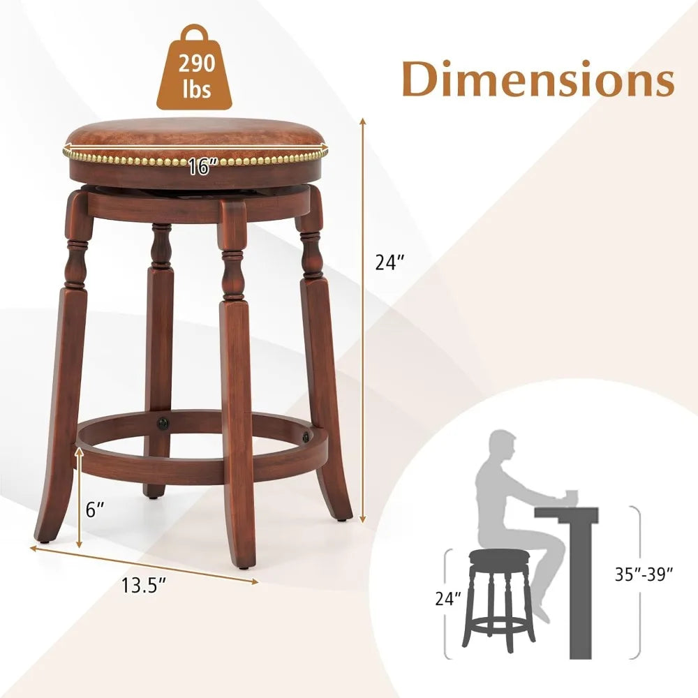 24" Swivel Bar Stools Set of 2, Farmhouse Counter Height Stools with Upholstered Seat & Rubber Wood Frame, Round Backless Kitch