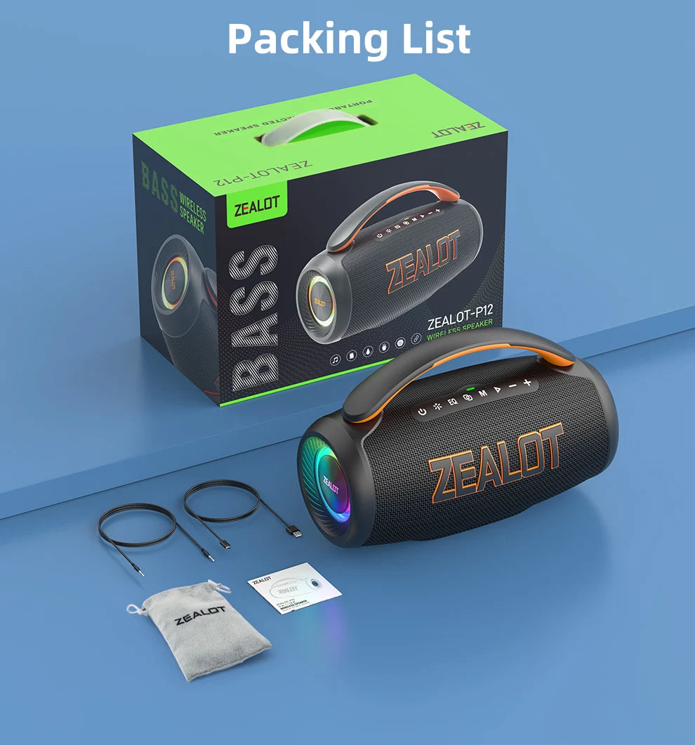 Zealot P12 Speaker 60W Portable Bluetooth Speaker with IPX6 Waterproof, Comfortable handle,Controllable lighting,TWS,AUX