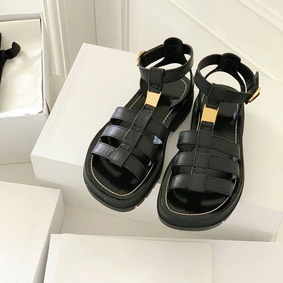 23SS Top Quality Brown Casual Gladiator Platform Heel Sandals Dress Shoes Real Leather Ankle Strap Buckle Luxury Designer Flat