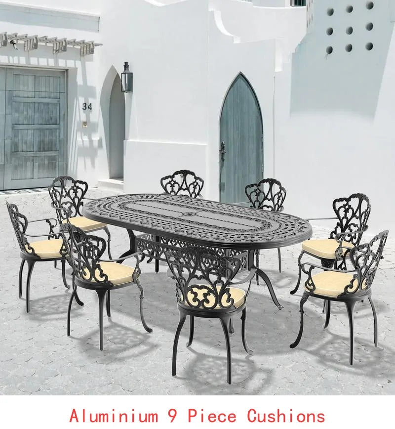 9-Piece Outdoor Dining Set, All-Weather Cast Aluminum Furniture, Black Frame