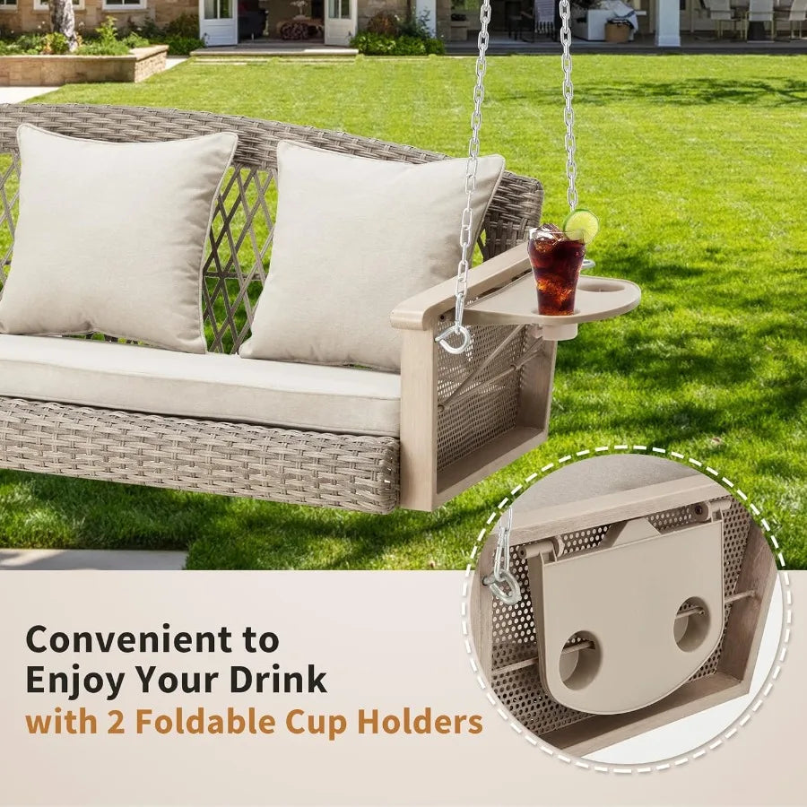 3Person Wicker Porch Swing with Upgraded Cup Holder 55 Inch Patio Hanging Swing Bench Chair with Cushions 900lbs Capacity Chain