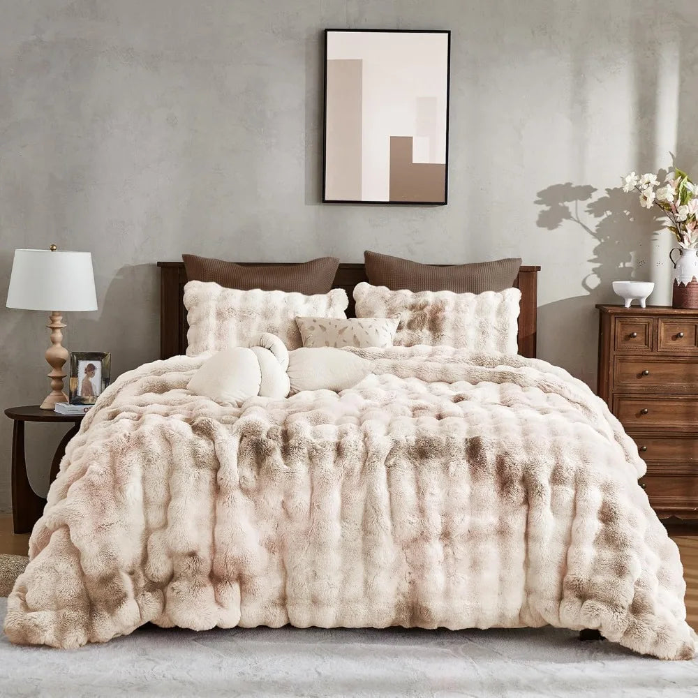 3 Pieces Fluffy Faux Rabbit Fur Bubble Comforter Set King Size, Tie-Dyeing Beige Plush Fuzzy Bedding Set, Warm Soft Bu