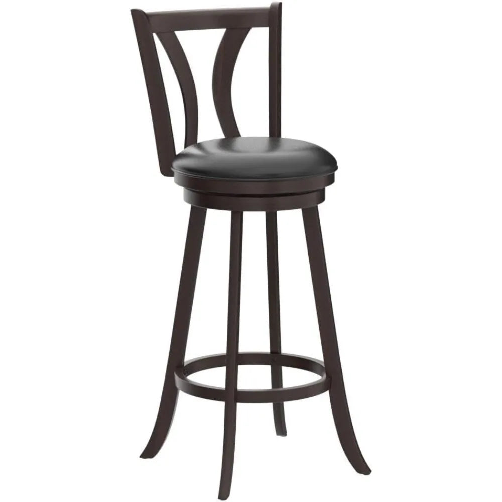 Set of 2 Swivel Bar Stools with Leather Seats, Single Slat Back, Solid Rubber Wood Legs