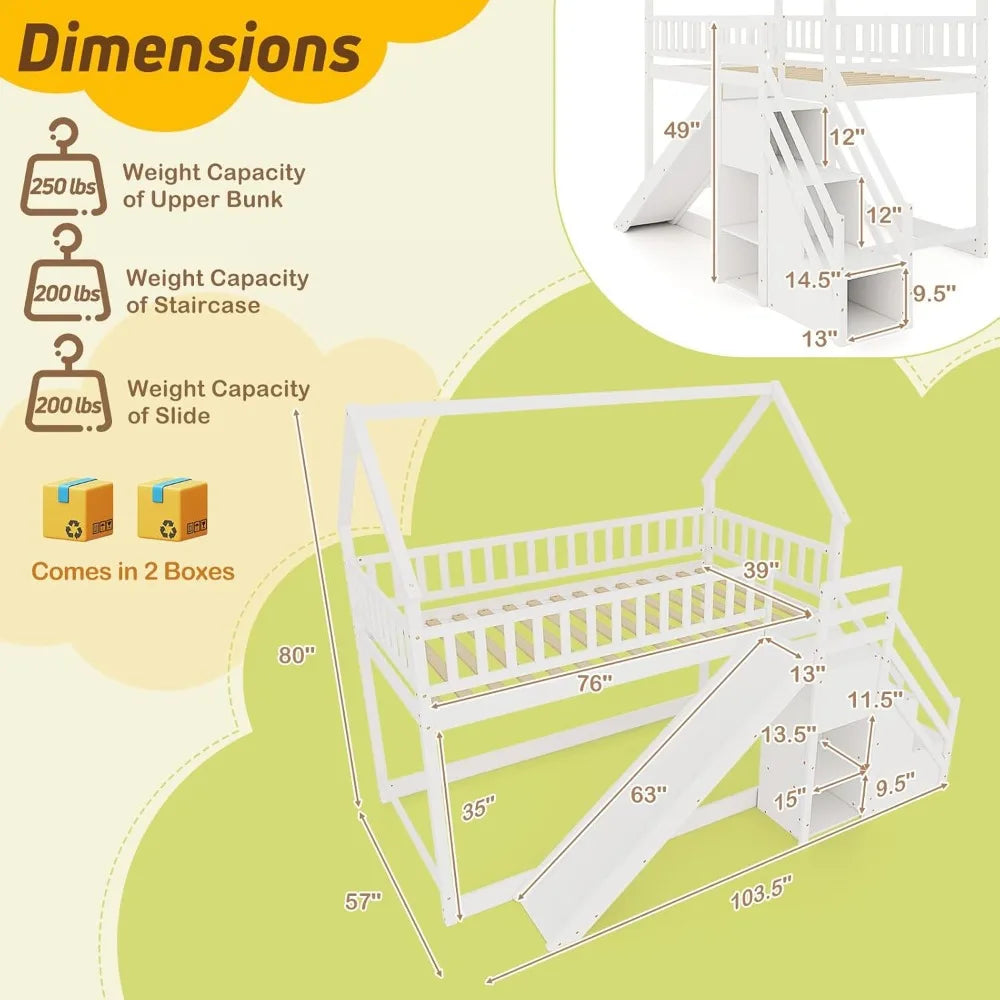 Wood Twin Over Twin Bunk Bed with Slide & Staircase, Twin House Bunk Bed with Safety Guardrails Storage, Floor House Bed Wooden