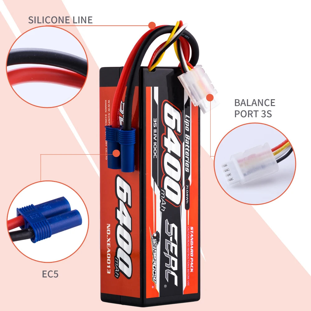 SUNPADOW 2S 3S 4S Lipo Battery for 6400mAh 7.4V 11.1 EC5 Plug 100C for RC Car Plane DJI Truck Tank Buggy Racing Boat Models 2pcs