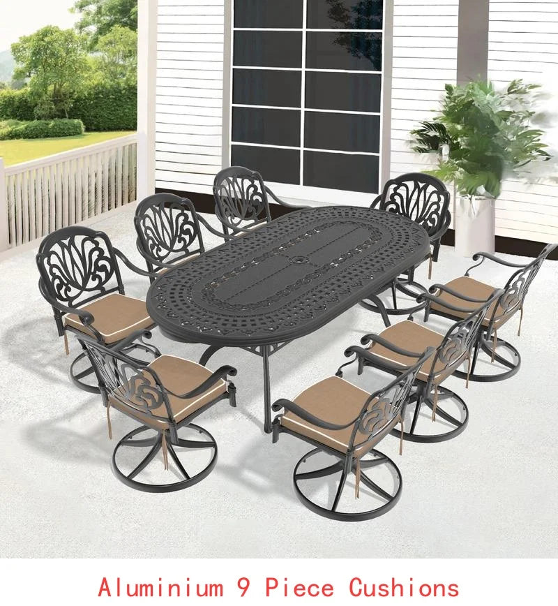 9-Piece Outdoor Dining Set, All-Weather Cast Aluminum Furniture, Black Frame