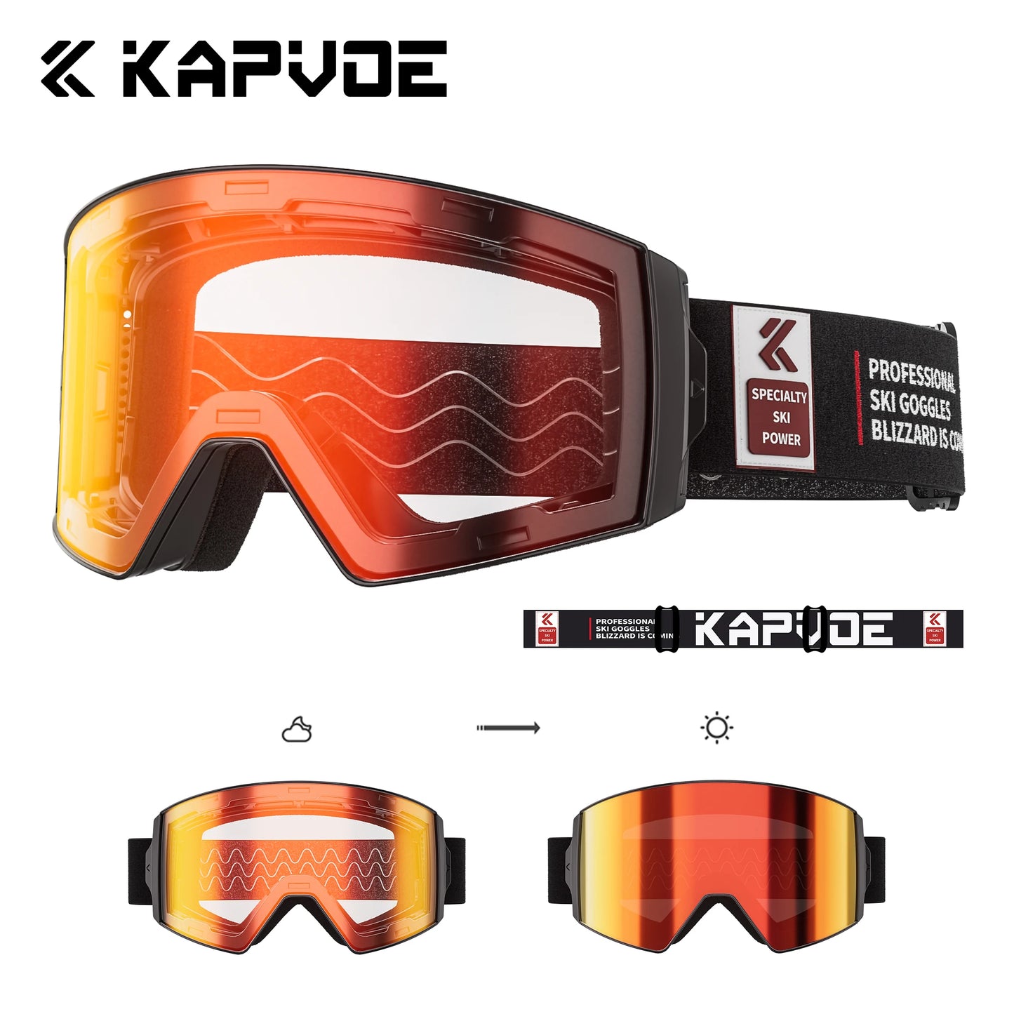 KAPVOE New Outdoor Photochromic Ski Goggles Winter Snow Sports for Unisex Snow Glasses UV400 Anti-fog Magnetic Snowboard Glasses