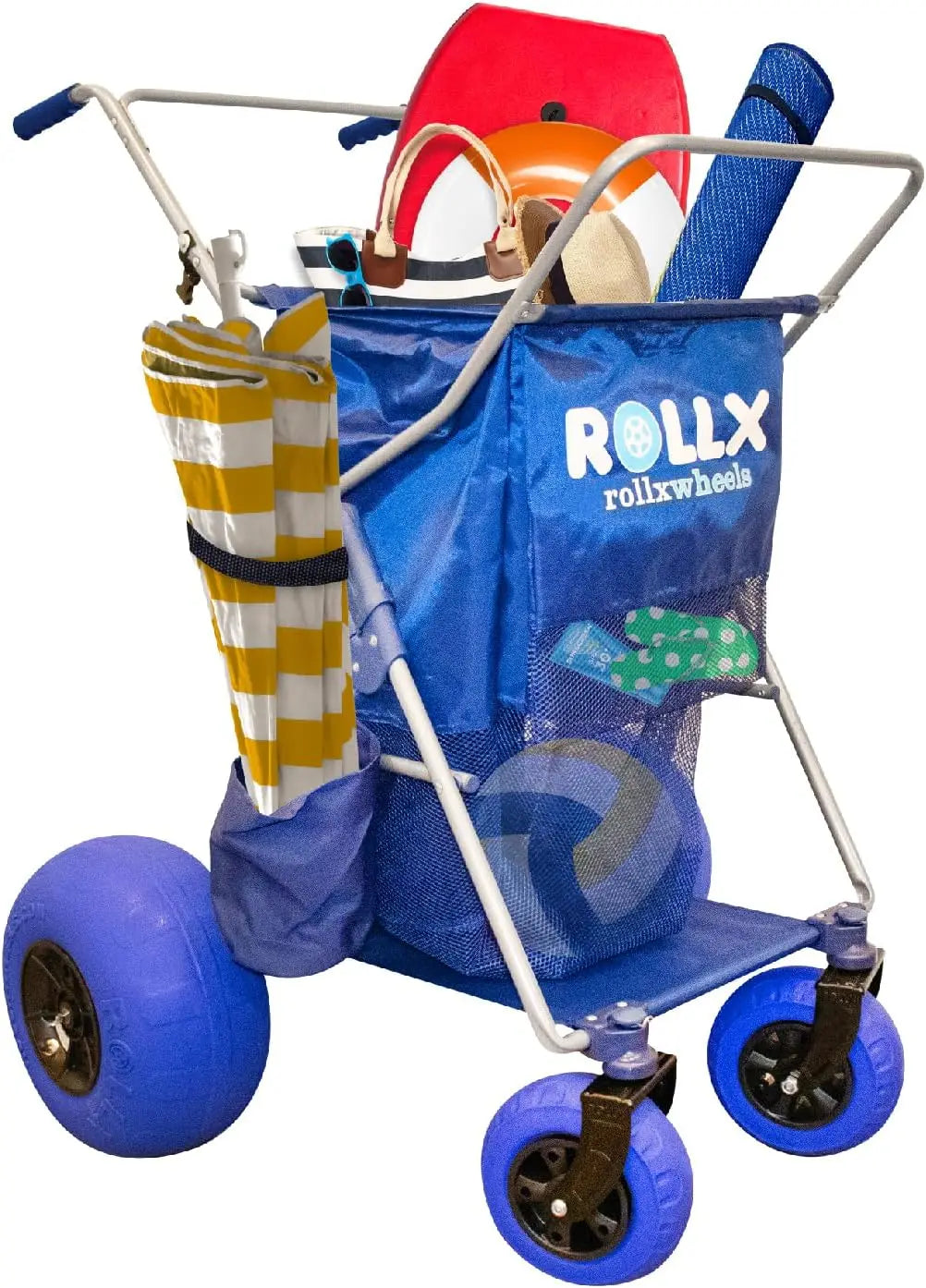 Foldable Storage Wagon with 4 Balloon Wheels, Rear 13 Inch & Front 7 Inch Beach Tires (Pump Included) - Blue