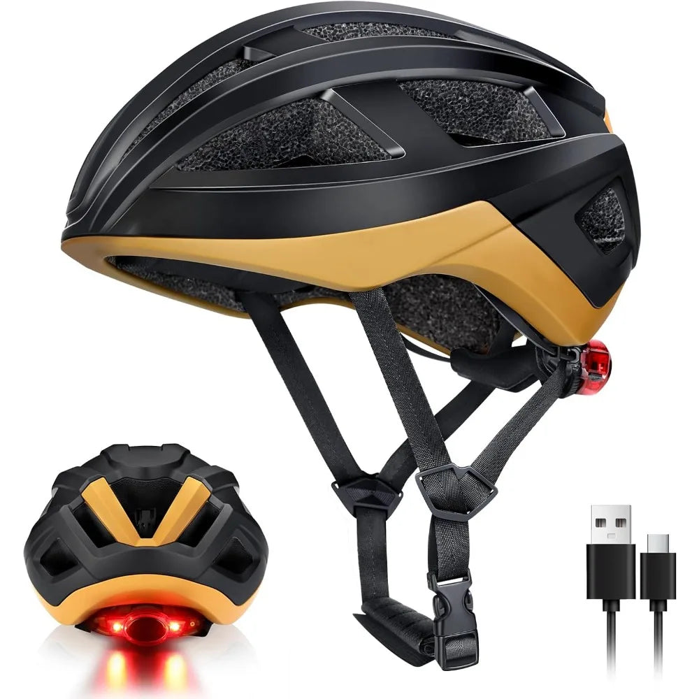 Bike Helmet Adult Men Women Lightweight Bicycle Helmet with USB Rechargeable LED Rear Light & Removable Liner, Breathable Bike H