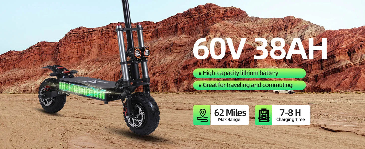 Portable Electric Scooter With 11'' Off Road Vacuum Tire,6000W 60V 38Ah High Power,Max Speed 80-85KMH,Dual Motor Drive E-scooter