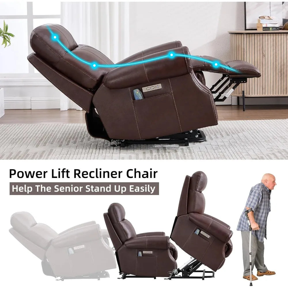 Genuine Leather Power Lift Recliner Chair for Elderly, with Massage and Heat, Electric Lift Recliner for Seniors, Side Po
