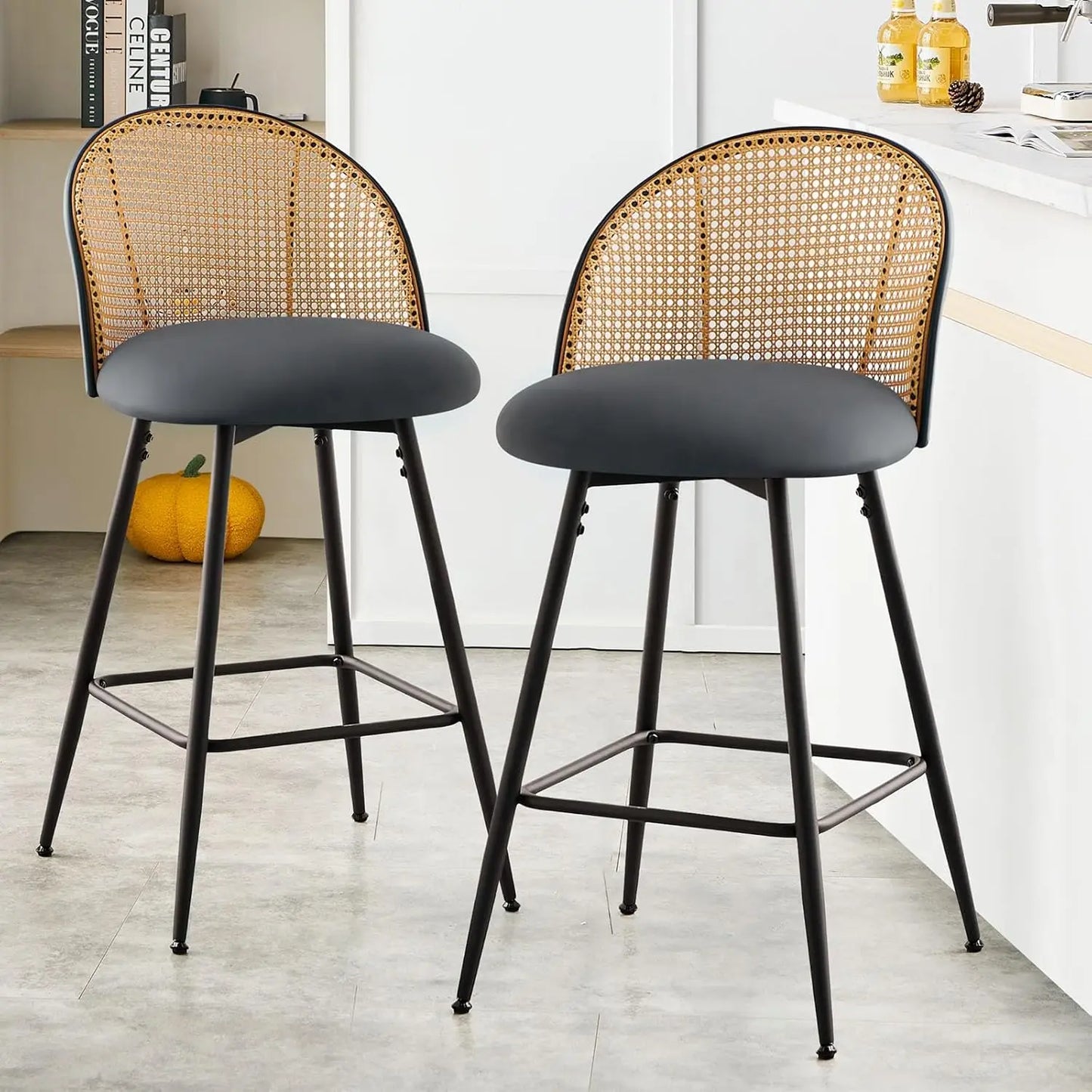 Counter Height Bar Stools Set of 2, 360° Swivel Upholstered Barstools with Rattan Full Back & Metal Legs, PU Leather 26" Mid