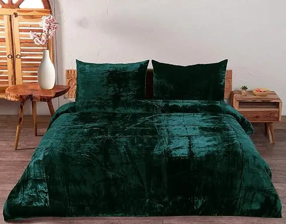 Ultra Luxury Rayon Velvet Boho Duvet Cover Set - Solid Dark Green Oversized King Size Bedding Comforter Cover