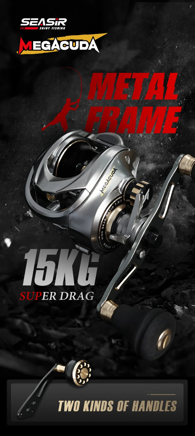 Seasir Megacuda Baitcasting Reel Drag 15KG Deep Spool 6.5:1 Aluminum Frame Carbon Side Double Handle Jigging Metal Reel Seawater