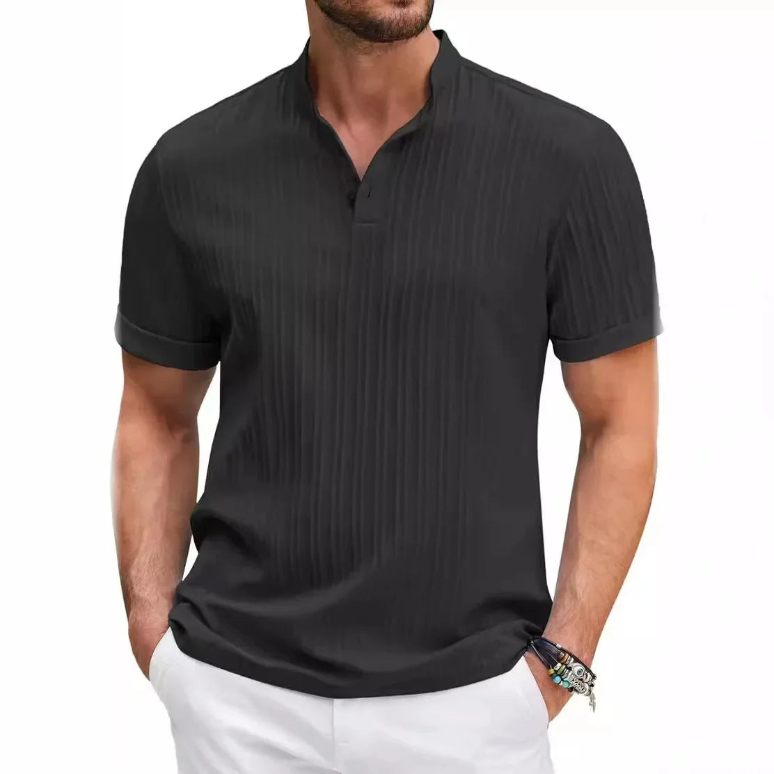 Hawaiian Men's Retro Cotton And Linen Henry Shirt Casual Loose With Sporty Stand-up Collar Buttons 2025 New Men's Casual Shirt