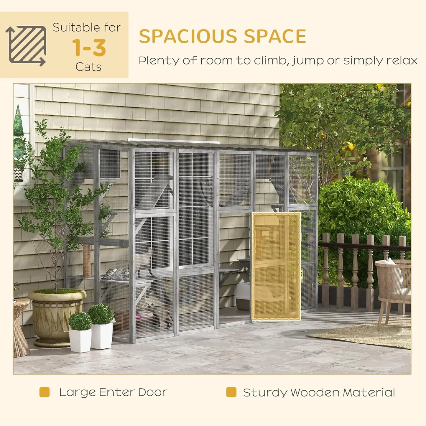 Outdoor Cat Enclosure Window, Outdoor Cat House with Weather Protection Roof for Multiple Kitties, Wooden Frame