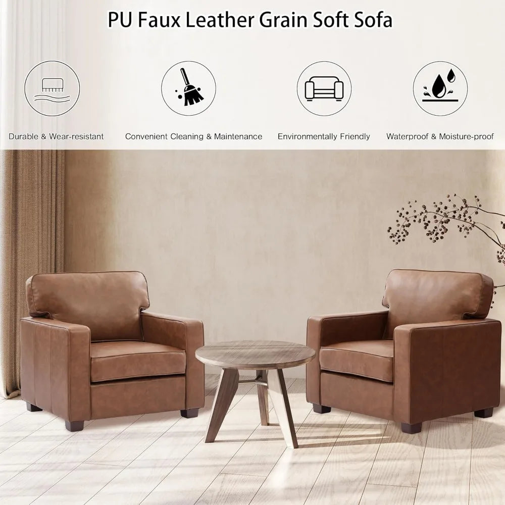 Mid-Century Modern 3-Seat Brown PU Faux Leather Sofa with Solid Wood Legs for Living Room, Bedroom, or Office